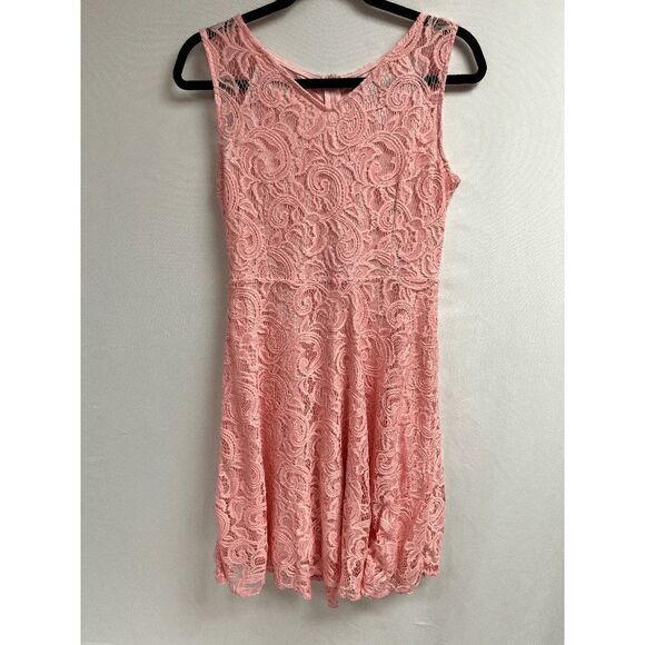 Womens Lined Sleeveless V neck A-line Lace Mini Dress Pink Floral Size Medium - Picture 1 of 4